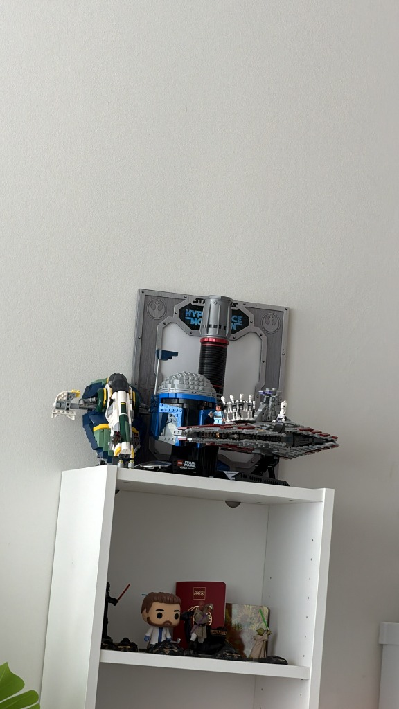 Brick models displayed on bookshelf